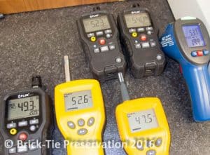 a range of electronic damp meters being compared