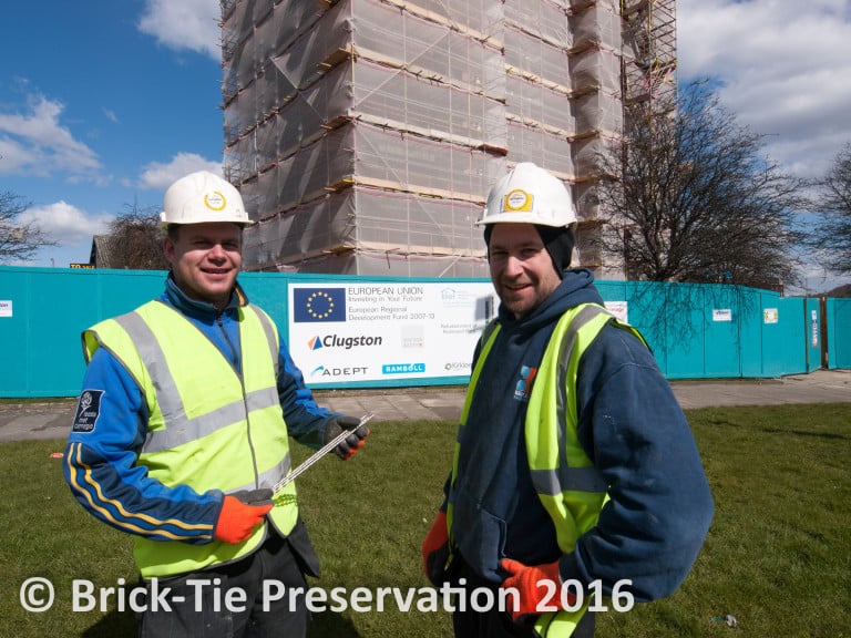 Qualified wall Tie installers Craig and Ryan working for Clugston’s and Kirklees Council on a multi-storey block in Huddersfield (Helifix wall ties)