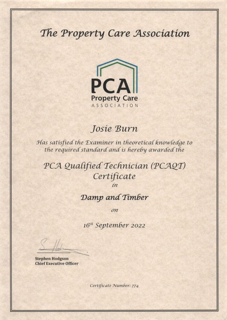 Josie Burn qualified technician PCAQT certificate